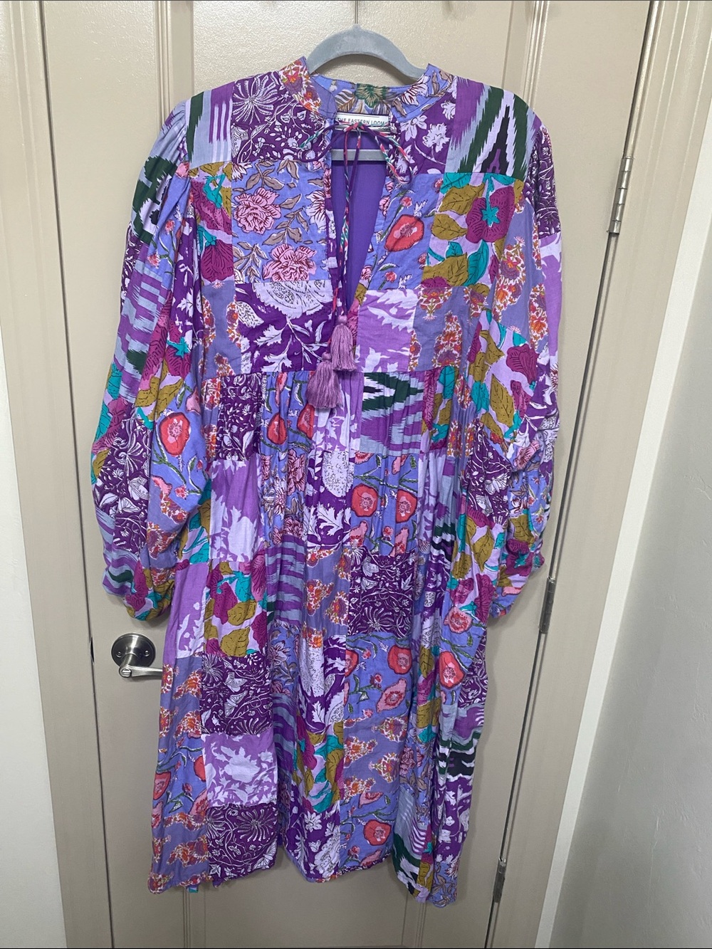 Boho Floral Patchwork Purple Midi Dress with Tassel Tie